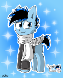 Size: 794x981 | Tagged: safe, artist:snuggleb4cuddle, imported from derpibooru, oc, pegasus, bandage, clothes, gradient background, male, scarf, solo, sweater, white outline