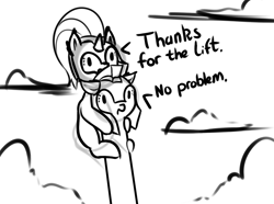 Size: 1171x872 | Tagged: safe, artist:neuro, imported from ponybooru, silver sable, oc, earth pony, pony, unicorn, armor, black and white, cloud, dialogue, duo, female, grayscale, guardsmare, helmet, horn, long neck, mare, monochrome, riding on head, royal guard, simple background, white background