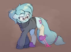 Size: 1600x1167 | Tagged: safe, artist:rexyseven, imported from derpibooru, oc, oc only, oc:whispy slippers, earth pony, pony, blushing, clothes, female, food, glasses, gum, mare, slippers, socks, solo, sweater