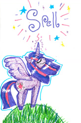 Size: 974x1486 | Tagged: safe, artist:mexicangirl12, imported from derpibooru, twilight sparkle, alicorn, pony, eyes closed, horn, inktober, inktober 2018, looking up, smiling, solo, traditional art, twilight sparkle (alicorn), wings