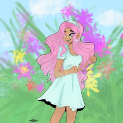 Size: 1080x1080 | Tagged: safe, artist:_denart, artist:rapunzelights, imported from derpibooru, fluttershy, human, clothes, cloud, dark skin, dress, female, flower, humanized, signature, solo