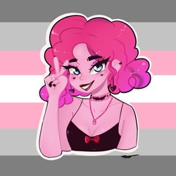 Size: 1080x1080 | Tagged: safe, alternate version, artist:_denart, artist:rapunzelights, imported from derpibooru, pinkie pie, equestria girls, breasts, bust, choker, cleavage, clothes, demigirl pride flag, ear piercing, eyelashes, female, gender headcanon, goth, grin, headcanon, jewelry, lgbt headcanon, lipstick, nail polish, necklace, peace sign, piercing, pride, pride flag, smiling