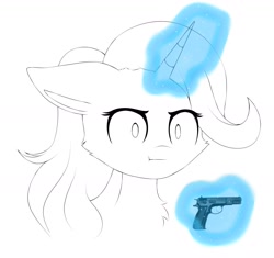 Size: 1874x1758 | Tagged: safe, alternate version, artist:aleuoliver, artist:aleurajan, imported from derpibooru, starlight glimmer, pony, unicorn, :i, crossing the memes, cz 75, delet this, glowing horn, gun, handgun, horn, i mean i see, lineart, magic, meme, partial color, pistol, scene interpretation, simple background, solo, telekinesis, weapon, white background