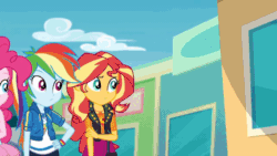 Size: 600x338 | Tagged: safe, imported from derpibooru, screencap, applejack, fluttershy, pinkie pie, rainbow dash, rarity, sci-twi, sunset shimmer, twilight sparkle, vignette valencia, equestria girls, equestria girls series, rollercoaster of friendship, animated, applejack is not amused, applejack's hat, belt, bowtie, bracelet, cellphone, clothes, cowboy hat, crossed arms, cute, cutie mark, cutie mark on clothes, dab, denim skirt, diapinkes, equestria land, geode of empathy, geode of fauna, geode of shielding, geode of sugar bombs, geode of super speed, geode of super strength, geode of telekinesis, gif, glasses, hairpin, hat, humane five, humane seven, humane six, jacket, jewelry, leather jacket, magical geodes, peace sign, phone, ponytail, rainbow dab, rarity peplum dress, shimmerbetes, shyabetes, skirt, smartphone, tanktop, twiabetes, unamused, wall of tags