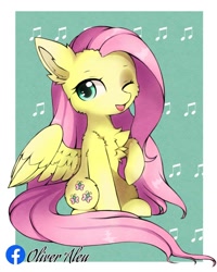 Size: 1080x1352 | Tagged: safe, alternate version, artist:aleuoliver, artist:aleurajan, imported from derpibooru, fluttershy, pegasus, pony, :p, abstract background, chest fluff, cute, ear fluff, female, mare, one eye closed, raised hoof, shyabetes, sitting, smiling, solo, tongue out, wings, wink