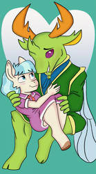 Size: 737x1330 | Tagged: safe, artist:dbkit, imported from derpibooru, coco pommel, thorax, anthro, changedling, changeling, unguligrade anthro, commission, duo, female, king thorax, male, shipping, straight, thommel