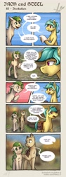 Size: 2336x6182 | Tagged: safe, artist:helmie-art, artist:helmie-d, imported from derpibooru, oc, oc:karoline skies, oc:lodvik, oc:raido, earth pony, pony, comic:iron and steel