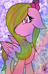 Size: 1080x1632 | Tagged: safe, artist:aquabright0219, imported from derpibooru, oc, oc only, pegasus, pony, abstract background, bow, eyelashes, hair bow, jewelry, necklace, pegasus oc, signature, solo, wings