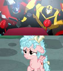 Size: 1920x2160 | Tagged: safe, edit, edited screencap, imported from derpibooru, screencap, cozy glow, pegasus, pony, robot, school raze, abuse, autobot, bumblebee (transformers), clampdown, clash of hasbro's titans, comparison, cozybuse, female, filly, messy mane, optimus prime, teeth, transformers, transformers robots in disguise (2015)