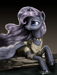 Size: 1080x1440 | Tagged: dead source, safe, artist:robinnomadrain, artist:robinrain8, imported from derpibooru, princess luna, alicorn, pony, clothes, dress, female, hoof shoes, jewelry, looking at something, lying down, mare, necklace, pond, prone, redraw, rock, simple background, solo, style emulation, water, windswept mane