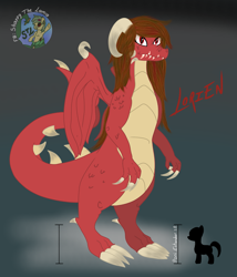 Size: 2455x2872 | Tagged: safe, artist:shappy the lamia, imported from derpibooru, oc, oc only, oc:lorien, draconequus, dragon, earth pony, pony, reptile, semi-anthro, blood, claws, danger, dragon horns, dragon tail, dragoness, fangs, female, horn, scales, size difference, solo, spanish, wings