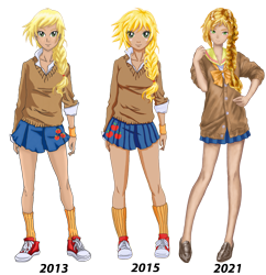 Size: 3969x4092 | Tagged: safe, artist:erim-kawamori, imported from derpibooru, applejack, human, 2013, 2015, 2021, alternate hairstyle, anime, clothes, comparison, converse, female, flats, humanized, school uniform, schoolgirl, shirt, shoes, simple background, socks, solo, sweatband, sweater, transparent background