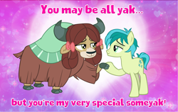 Size: 4600x2900 | Tagged: safe, artist:andoanimalia, imported from derpibooru, sandbar, yona, earth pony, yak, complex background, female, heart, hearts and hooves day, male, shipping, straight, yonabar