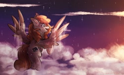 Size: 1802x1093 | Tagged: safe, artist:lonerdemiurge_nail, imported from derpibooru, oc, oc only, pegasus, pony, cloud, female, flying, mare, open mouth, smiling, solo, spread wings, wings