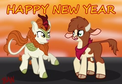 Size: 2348x1625 | Tagged: safe, artist:banquo0, imported from derpibooru, arizona cow, autumn blaze, cow, kirin, them's fightin' herds, arizona (tfh), bandana, chinese new year, cloven hooves, community related, duo, female, horn, neckerchief, open mouth, raised hoof, year of the ox