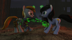 Size: 1920x1080 | Tagged: safe, artist:lincoln ks115, imported from derpibooru, oc, oc:littlepip, oc:shainer shrapnel shock, pony, unicorn, fallout equestria, 3d, angry, batter, crossover, doom, doom equestria, eye to eye, female, food, gun, handgun, magic, pipboy, revolver, shotgun, source filmmaker, super shotgun, telekinesis, vs, weapon