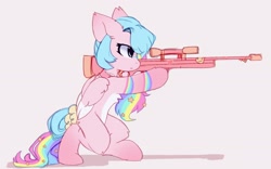 Size: 2026x1268 | Tagged: safe, artist:little-sketches, imported from derpibooru, oc, oc only, oc:misha, pegasus, pony, bow, bullpup rifle, choker, commission, female, focused, gun, looking ahead, mare, pale belly, rifle, simple background, sniper, solo, tail bow, two toned wings, weapon, white belly, wings