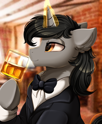 Size: 1446x1764 | Tagged: safe, artist:pridark, imported from derpibooru, oc, oc only, oc:darius, pony, unicorn, alcohol, beverage, black hair, bowtie, bust, clothes, commission, drink, glass, handsome, horn, levitation, magic, male, necktie, portrait, profile, smiling, solo, suit, telekinesis, whiskey