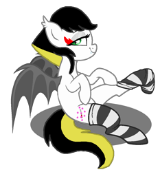 Size: 990x1062 | Tagged: safe, artist:lullabyprince, artist:lynnthenerdkitty, imported from derpibooru, oc, oc only, oc:karai, bat pony, pony, base used, bedroom eyes, clothes, karai, looking at you, ponified, simple background, socks, solo, spread wings, striped socks, teenage mutant ninja turtles, tmnt 2012, transparent background, wings