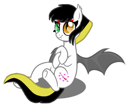 Size: 945x795 | Tagged: safe, artist:lullabyprince, artist:lynnthenerdkitty, imported from derpibooru, oc, oc only, oc:karai, bat pony, pony, arms folded, base used, bat pony oc, bat wings, crossed arms, crossed hooves, heterochromia, karai, looking up, multicolored eyes, ponified, sitting, smiling, spread wings, teenage mutant ninja turtles, tmnt 2012, underhoof, wings