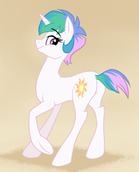 Size: 648x800 | Tagged: safe, artist:sankam, imported from derpibooru, princess celestia, pony, unicorn, alternate hairstyle, gradient background, race swap, short mane, solo, species swap