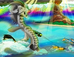 Size: 3300x2550 | Tagged: safe, artist:arkolo, imported from derpibooru, oc, oc:golden spoon, dolphin, draconequus, fanfic:chrysalis wins, fanfic art, waterskiing