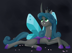 Size: 2300x1700 | Tagged: safe, artist:biocrine, imported from derpibooru, queen chrysalis, changeling, changeling queen, crown, female, heart eyes, hearts and hooves day, holiday, jewelry, mirror universe, regalia, reversalis, simple background, valentine's day, wingding eyes