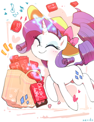Size: 1200x1550 | Tagged: safe, artist:fuyugi, artist:nendo, imported from derpibooru, rarity, pony, unicorn, bag, blushing, chocolate, cute, eyes closed, female, food, glowing horn, happy, hat, heart, holiday, horn, magic, mare, music notes, raribetes, shopping bag, shopping bags, simple background, smiling, solo, telekinesis, valentine's day