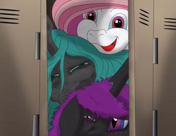 Size: 3300x2550 | Tagged: safe, artist:arkolo, imported from derpibooru, queen chrysalis, oc, oc:king specter, oc:love, changeling, draconequus, fanfic:chrysalis wins, fanfic art, lockers, purple changeling, squished face