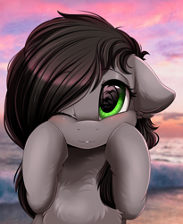 Size: 1446x1764 | Tagged: safe, artist:pridark, imported from derpibooru, oc, oc only, oc:vyden, earth pony, pony, beach, blushing, bust, commission, eye reflection, female, floppy ears, green eyes, hair over one eye, hooves on cheeks, looking at you, mare, ocean, one eye closed, palm tree, portrait, reflection, sand, sky, smiling, solo, tree, wink