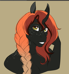 Size: 778x841 | Tagged: safe, artist:askbubblelee, imported from derpibooru, oc, oc only, oc:bubble lee, anthro, unicorn, anthro oc, curved horn, digital art, female, freckles, grin, horn, inverted colors, mare, simple background, smiling, solo, unicorn oc