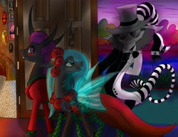 Size: 3300x2550 | Tagged: safe, artist:arkolo, imported from derpibooru, queen chrysalis, oc, oc:king specter, oc:mayham, changeling, draconequus, fanfic:chrysalis wins, clothes, dress, fanfic art, purple changeling, suit