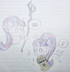 Size: 2160x2230 | Tagged: safe, artist:tiga mega, imported from derpibooru, starlight glimmer, pony, unicorn, equal cutie mark, infinity gauntlet, lined paper, solo, staff, staff of sacanas, traditional art