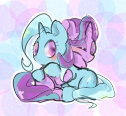 Size: 836x768 | Tagged: safe, artist:pnpn_721, imported from derpibooru, starlight glimmer, trixie, pony, unicorn, abstract background, blushing, duo, eyes closed, female, hug, mare