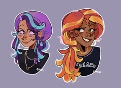 Size: 1375x1000 | Tagged: safe, artist:enbykeqing, imported from derpibooru, starlight glimmer, sunset shimmer, human, accessories, accessory, beanie, blackwashing, bust, clothes, dark skin, glasses, hat, humanized, moderate dark skin, tumblr nose