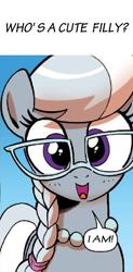 Size: 438x888 | Tagged: safe, edit, idw, imported from derpibooru, silver spoon, earth pony, pony, spoiler:comic, spoiler:comicff16, captain obvious, cute, dialogue, female, filly, glasses, looking at you, open mouth, silverbetes, smiling, solo, speech bubble, talking to viewer