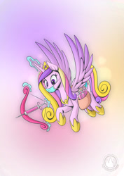 Size: 955x1351 | Tagged: safe, artist:mysticalpha, imported from derpibooru, princess cadance, alicorn, pony, bow, cupid, cupidance, flying, glowing horn, holiday, horn, magic, mask, solo, syringe, valentine's day