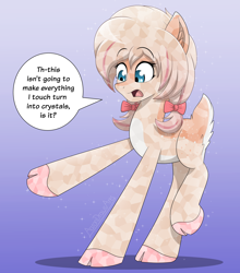 Size: 2900x3300 | Tagged: safe, artist:aarondrawsarts, imported from derpibooru, oc, oc only, oc:daisy cakes, crystal pony, deer, deer pony, original species, cloven hooves, commission, commissioner:reversalmushroom, deer tail, dialogue, doe, female