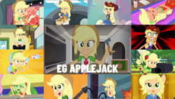 Size: 1972x1109 | Tagged: safe, edit, edited screencap, editor:quoterific, imported from derpibooru, screencap, applejack, fluttershy, human, dance magic, diy with applejack, equestria girls, equestria girls (movie), equestria girls series, friendship games, i'm on a yacht, rainbow rocks, rollercoaster of friendship, spring breakdown, street chic, sunset's backstage pass!, spoiler:eqg series (season 2), spoiler:eqg specials, applejack's hat, broken hand, clothes, cowboy hat, dance magic (song), denim skirt, duo, duo female, female, geode of super strength, green face, hammer, hat, hatless, magical geodes, missing accessory, motion sickness, open mouth, photo booth (song), ponied up, seasickness, shivering, shocked, skirt, solo, teeth