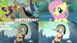 Size: 1986x1117 | Tagged: safe, edit, edited screencap, editor:quoterific, imported from derpibooru, screencap, cornicle, discord, fluttershy, lokiax, changedling, changeling, draconequus, pegasus, pony, to where and back again, blushing, duo, eyes closed, female, hug, male, open mouth, solo, surprised, teeth, trio, trio male