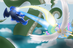 Size: 1000x667 | Tagged: safe, artist:dangel-demon, imported from derpibooru, princess celestia, princess luna, pony, blast, flying, magic, magic blast, tentacles