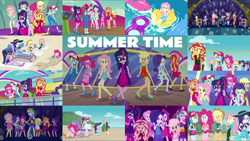 Size: 1974x1112 | Tagged: safe, edit, edited screencap, editor:quoterific, imported from derpibooru, screencap, applejack, fluttershy, pinkie pie, rainbow dash, rarity, sci-twi, sunset shimmer, twilight sparkle, human, equestria girls, equestria girls series, forgotten friendship, i'm on a yacht, spring breakdown, spoiler:eqg series (season 2), barefoot, beach, cap, clothes, crossed arms, feet, flutterfeet, glasses, hat, humane five, humane seven, humane six, looking at you, neon eg logo, open mouth, rarity is not amused, sandals, sci-twi is not amused, ship, solo, swimsuit, unamused, wiggling toes