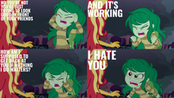 Size: 1986x1117 | Tagged: safe, edit, edited screencap, editor:quoterific, imported from derpibooru, screencap, sunset shimmer, wallflower blush, human, equestria girls, equestria girls series, forgotten friendship, angry, duo, duo female, eyes closed, female, i hate you, open mouth