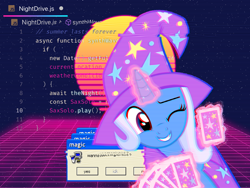 Size: 1200x900 | Tagged: safe, imported from derpibooru, trixie, pony, unicorn, aesthetic, aesthetics, javascript, poker, programming, script, solo, vaporwave, webcore