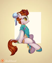 Size: 1035x1250 | Tagged: safe, artist:drafthoof, imported from derpibooru, autumn blaze, kirin, alternate hairstyle, bipedal, blushing, chinese dress, clothes, dress, female, patreon, patreon logo, profile, simple background, sitting, solo