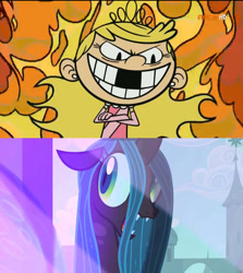 Size: 600x673 | Tagged: safe, artist:unicornsmile, edit, edited screencap, imported from derpibooru, screencap, queen chrysalis, a canterlot wedding, fire, lola loud, scared, the loud house, tooth gap