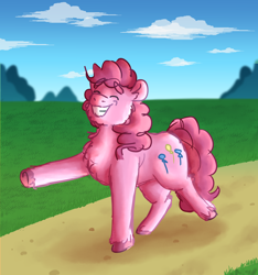 Size: 3000x3200 | Tagged: safe, artist:applejackofalltrades, imported from derpibooru, pinkie pie, earth pony, pony, fluffy, leg fluff, simple background, smiling, solo, walking