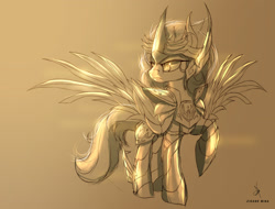 Size: 1602x1216 | Tagged: safe, artist:zidanemina, imported from derpibooru, oc, oc only, pony, armor, armored pony, crossover, gold cloth, looking sideways, sagittarius, saint seiya, sketch, solo, zodiac