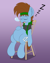 Size: 3500x4400 | Tagged: safe, artist:aarondrawsarts, imported from derpibooru, oc, oc only, oc:davvid daggers, belly, big belly, bubble, chair, crumbs, sleeping, snoring