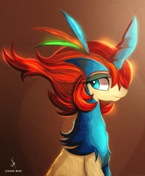 Size: 935x1134 | Tagged: safe, artist:zidanemina, imported from derpibooru, keldeo, pony, unicorn, anime crossover, blue eyes, bust, crossover, orange mane, pokémon, ponified pokemon, portrait, smiling, solo